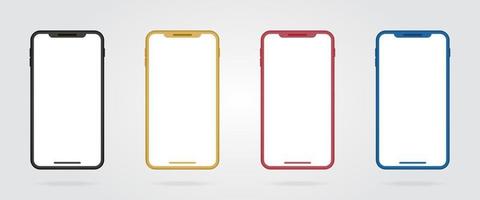 Realistic colored smartphone frames. Black, gold, red and blue mockup mobile phone. Set of color cellphones. Vector