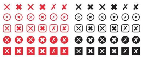 Set of red and black cross icon. X mark symbol in flat style. Vector