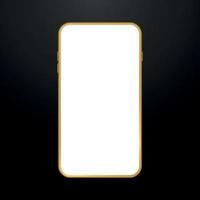 Realistic gold smartphone on black background. Golden mobile phone mockup. Empty white screen of cell phone. Vector