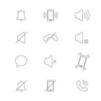 iconos de línea de teléfono móvil de audio. Modo silencioso. modo de ruido, silencio, vibración. Varias señales de señal de sonido. vector