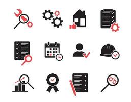 Inspection silhouette icons set. Black icons for quality control, testing, inspect, check, verify, examination. Vector
