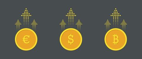 Dollar icon. Currency growth concept. Gold coin with arrows up. Vector illustration