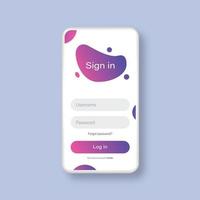 Smartphone mockup with login form page template. Trendy purple colors. Online sign in form. Vector