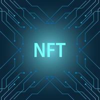 NFT banner of crypto art with pcb tracks. NFT non fungible token on blue background. Crypto art. Vector illustration