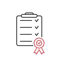 Certificate line icon. Black checklist thin line icon. Checklist of certificate quality. Red award pictogram. Vector