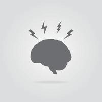 Headache and stress concept. Brain icon with lightning symbol on grey background. Brainstorm concept. Vector