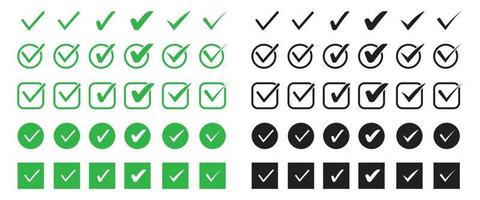 Set of green and black check mark flat icon. Silhouette of tick mark in various shapes. Vector4x4 vector