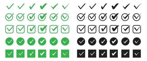 conjunto de icono plano de marca de verificación verde y negro. silueta de marca de verificación en varias formas. vector4x4 vector