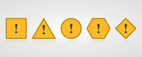 Set of yellow exclamation mark icon on grey background. Caution sign in various shape. Vector