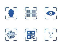 Fingerprint, Face ID, Barcode, Eye and QR Code Scanner. Identity Biometric Verification icon. QR Code Scan, Barcode Scan and Face Recognition icon set. Security, ID Scanner icons. Vector illustration