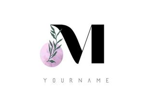 M Letter logo design with pink circle and green leaves. Vector Illustration with with Botanical elements. Nature vector template design concept with M letter.