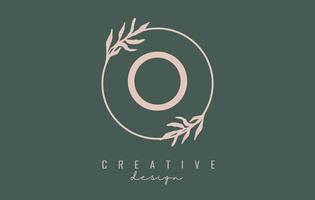 Letter O Logo with circle frame and pastel leaves design. Rounded vector illustration with letter O and pastel leaf.