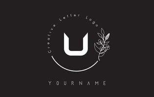 Creative initial letter U logo with lettering circle hand drawn flower element and leaf. vector