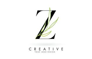 Elegant Z letter logo design with long leaves branch vector illustration.