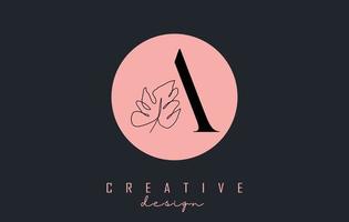 A letter logo design with Monstera leaf one line drawing on a pink circle background vector illustration.