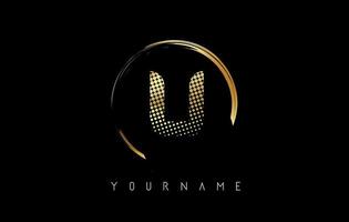 Golden U letter logo design with golden dots and circle frame on black background. vector