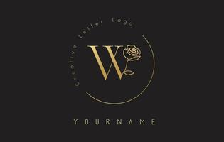 Logotipo de la letra w inicial creativa dorada con círculo de letras y rosa dibujada a mano. elemento floral y elegante letra w. vector