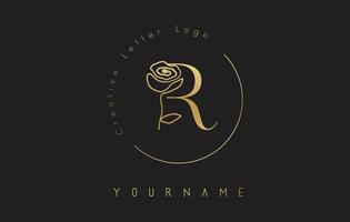 Logotipo de la letra r inicial creativa dorada con círculo de letras y rosa dibujada a mano. elemento floral y elegante letra r. vector