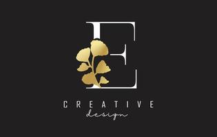 Creative white E Letter logo design with golden leaves. Vector Illustration with with Botanical elements. Nature vector template design concept with E letter.