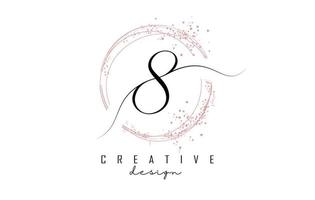 Handwritten 8 eight number logo with dust pink sparkling circles and glitter. vector