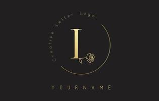 Logotipo de la letra l inicial creativa dorada con círculo de letras y rosa dibujada a mano. elemento floral y elegante letra l. vector