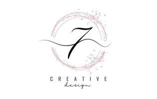 Handwritten 7 seven number logo with dust pink sparkling circles and glitter. vector