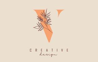 Orange shade V letter logo design with branch of leaves vector illustration.
