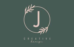 Letter J Logo with circle frame and pastel leaves design. Rounded vector illustration with letter J and pastel leaf.