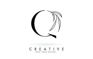 Diseño de logotipo de letra q con hojas elegantes y delgadas ilustración vectorial. vector