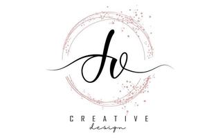 Handwritten JV J V letter logo with sparkling circles with pink glitter. vector