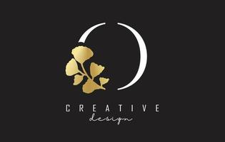 Creative white O Letter logo design with golden leaves. Vector Illustration with with Botanical elements. Nature vector template design concept with O letter.