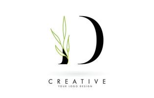 Elegant D letter logo design with long leaves branch vector illustration.