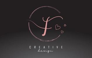 Handwritten F Letter Logo Design with Dust Pink Watercolor Ring and Outline Hearts. vector