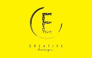 E letter logo design with black dots and circle frame on bright yellow background. vector