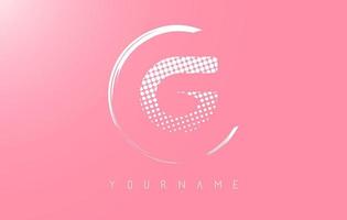 White G letter logo design with white dots and white circle frame on pink background. vector