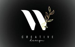 White W letter logo design with golden leaves branch vector illustration.