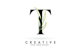Elegant T letter logo design with long leaves branch vector illustration.