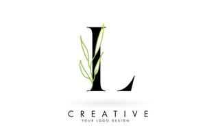 Elegant L letter logo design with long leaves branch vector illustration.