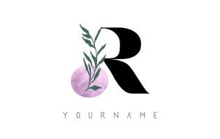 Diseño de logotipo letra R con círculo rosa y hojas verdes. ilustración vectorial con elementos botánicos. concepto de diseño de plantilla de vector de naturaleza con letra r.