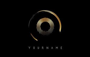 Golden O letter logo design with golden dots and circle frame on black background. vector