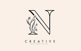 Black Outline N letter logo design with black flowers vector illustration.