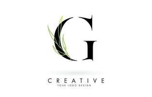 Elegant G letter logo design with long leaves branch vector illustration.