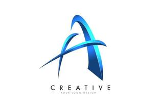 Logotipo creativo de una letra con caracteres decorativos brillantes 3d azules. vector de icono de swoosh azul.