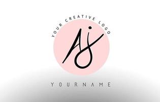 Handwritten Letters AJ a j Logo with rounded lettering and pink circle background design. vector