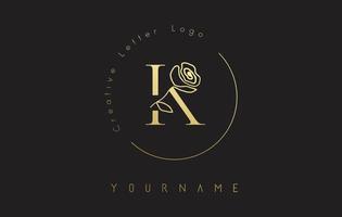 Logotipo de la letra k inicial creativa dorada con círculo de letras y rosa dibujada a mano. elemento floral y elegante letra k. vector