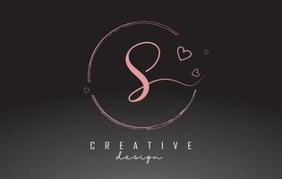 Handwritten S Letter Logo Design with Dust Pink Watercolor Ring and Outline Hearts. vector