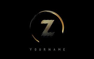 Golden Z letter logo design with golden dots and circle frame on black background. vector