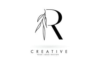 R letter logo design with elegant and slim leaves vector illustration.