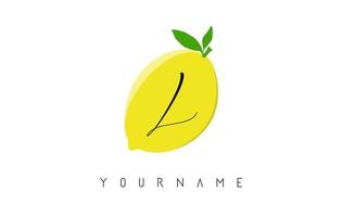 Handwritten L etter logo design with lemon background. vector