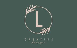 Letter L Logo with circle frame and pastel leaves design. Rounded vector illustration with letter L and pastel leaf.